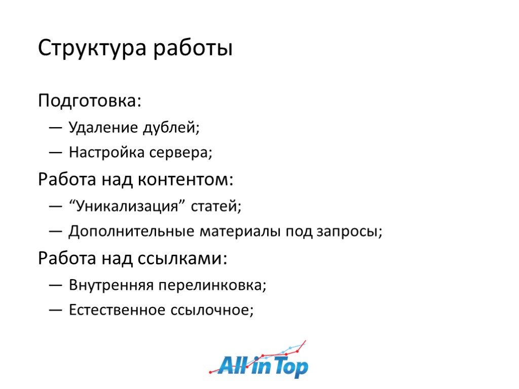 Структура работы Подготовка: Удаление дублей; Настройка сервера; Работа над контентом: “Уникализация” статей; Дополнительные материалы